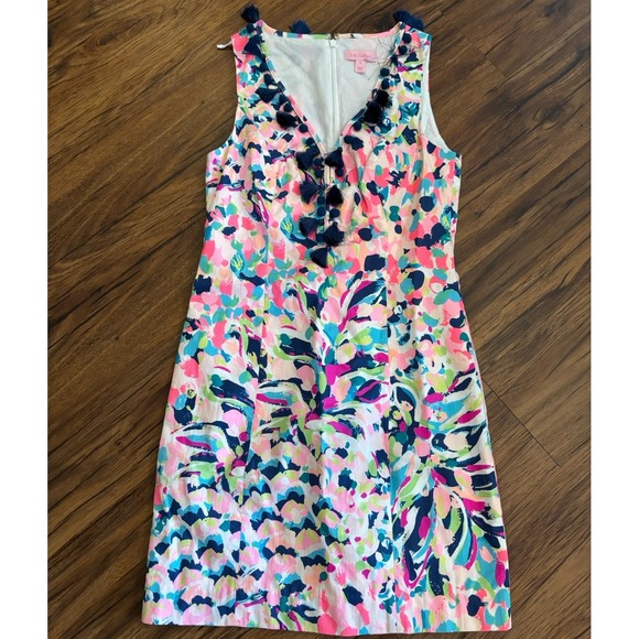LILLY PULITZER CABREY Shift Dress,  Pina Colada Club Print Tassels Size 0 - Picture 1 of 6
